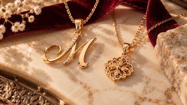 پلاک حرف M و آویز طلا روی سنگ مرمر