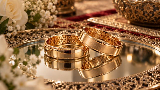 دو حلقه ازدواج طلا روی سینی آینهای