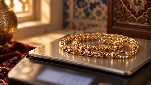 زنجیر طلا روی ترازوی دیجیتال برای محاسبه وزن و قیمت