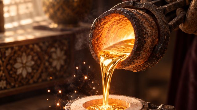 ریختن طلای مذاب در قالب در کارگاه ساخت