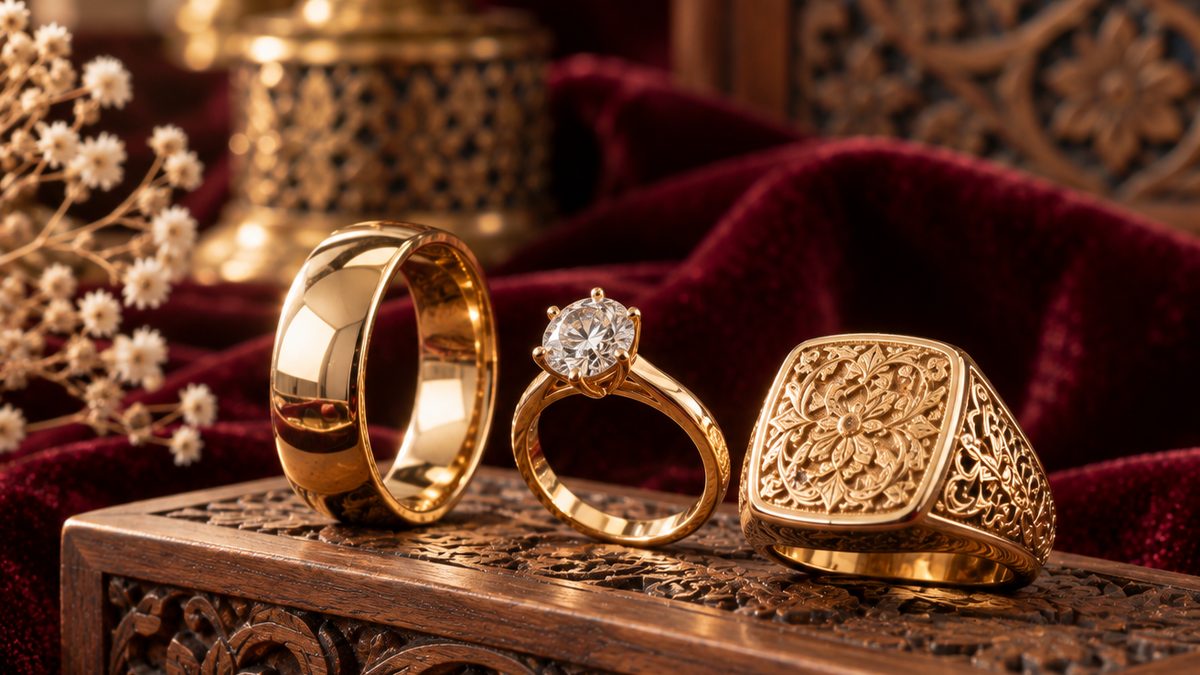 انگشتر مردانه طلا با رکاب پهن کنار حلقه و انگشتر تک‌نگین