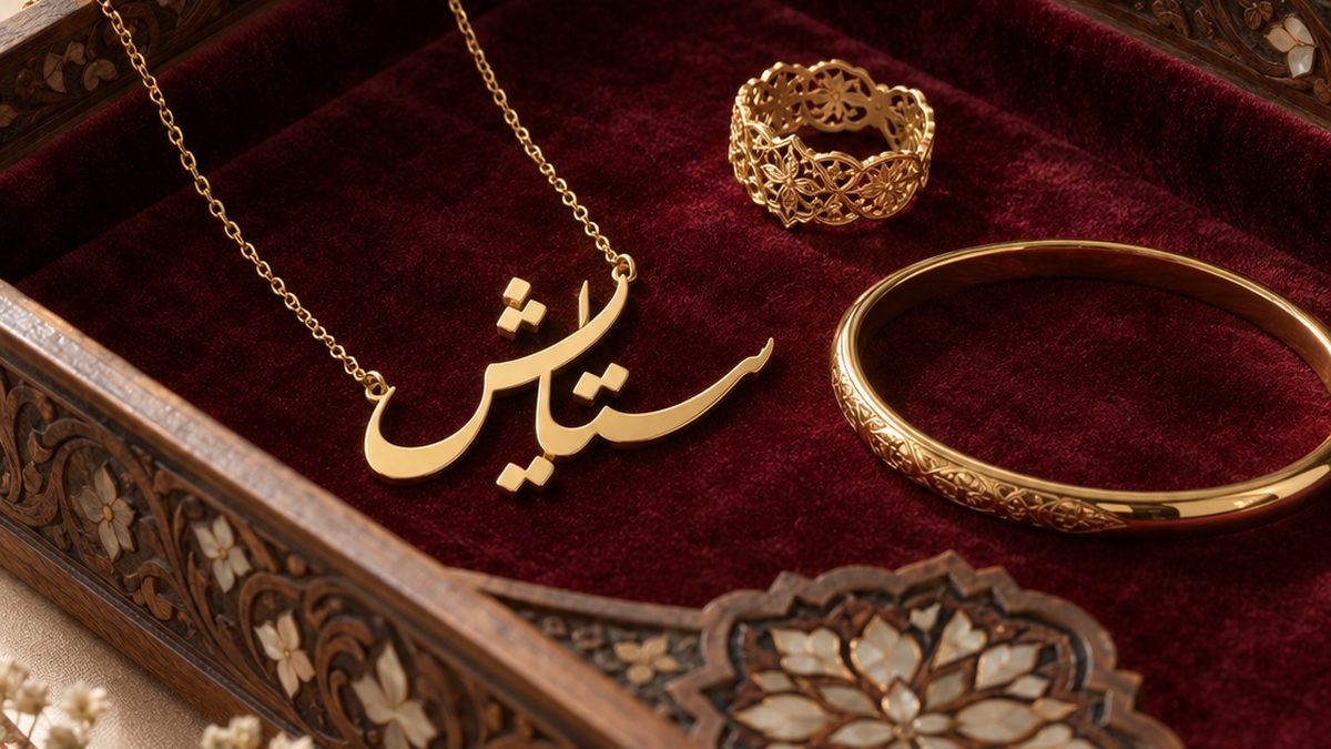 گردنبند اسم طلا با خط فارسی روی مخمل زرشکی