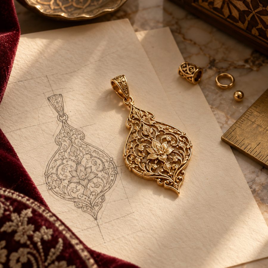 طرح مدادی زیور کنار پلاک طلای ساخته‌شده از روی همان طرح