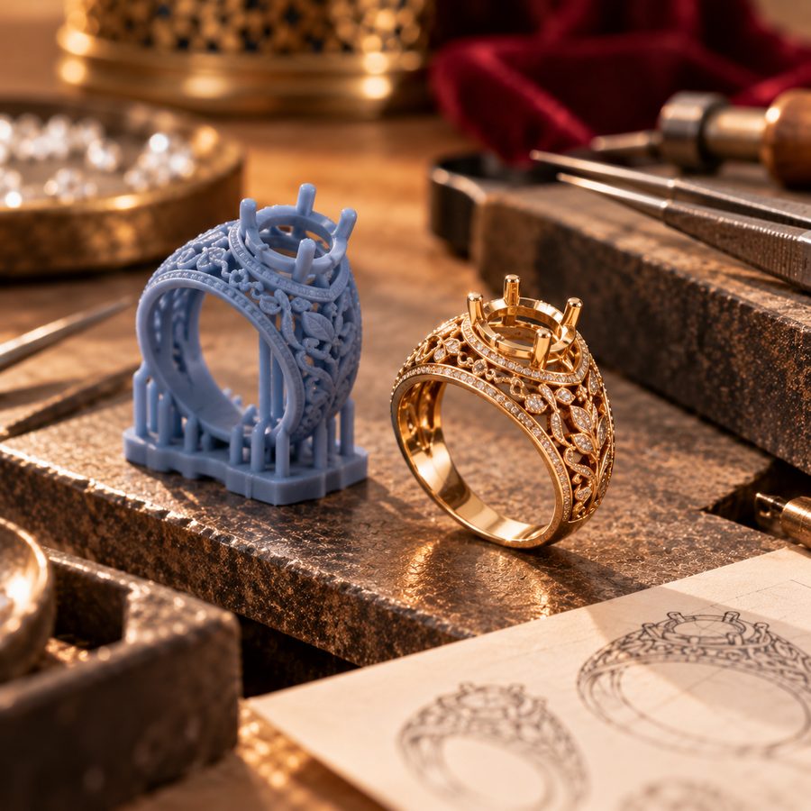 مدل پرینت سه‌بعدی رزینی کنار قطعه طلای ریخته‌گری‌شده