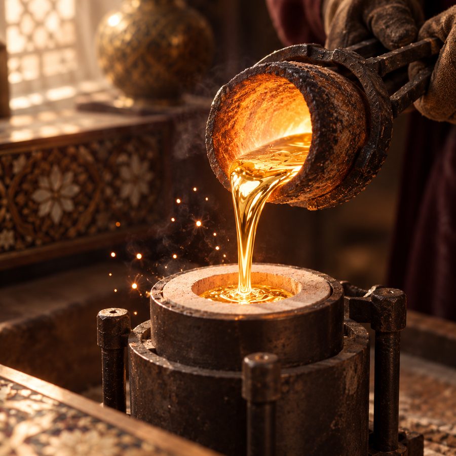 ریختن طلای مذاب در قالب ریخته‌گری در کارگاه