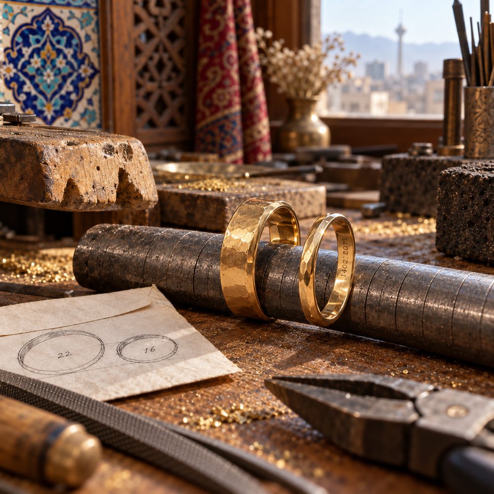 ست حلقه ازدواج با حک تاریخ — نمونه‌کار کارگاه ترنج
