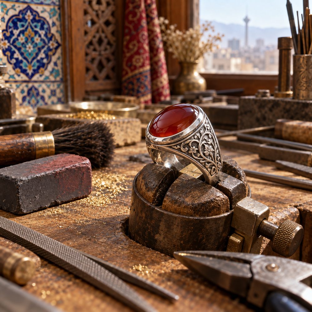 انگشتر عقیق مردانه با رکاب نقره — نمونه‌کار کارگاه ترنج